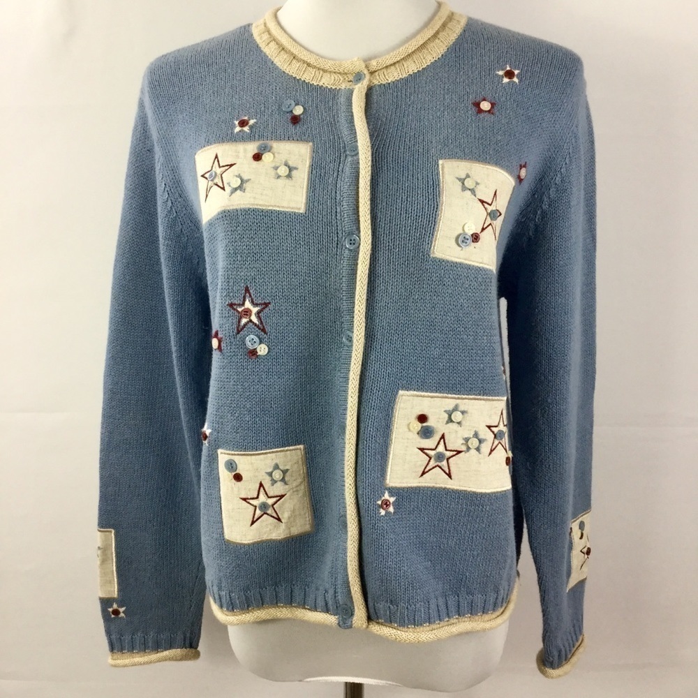 Vintage Y2K Cottagecore Grandma Patchwork Stars Hand Embroidered Sweater Size M